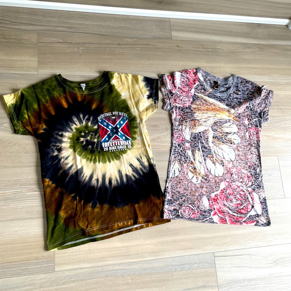 Womens Biker 2 Shirts Sz S Rebel Flag Hot Leathers Eagle‎ Bike Tie Dye